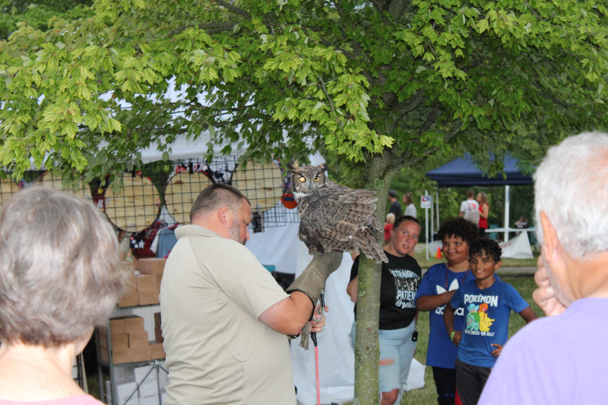 A staff member from Hueston Woods shows off the park's Great Horned Owl to Freedom Festival attendees