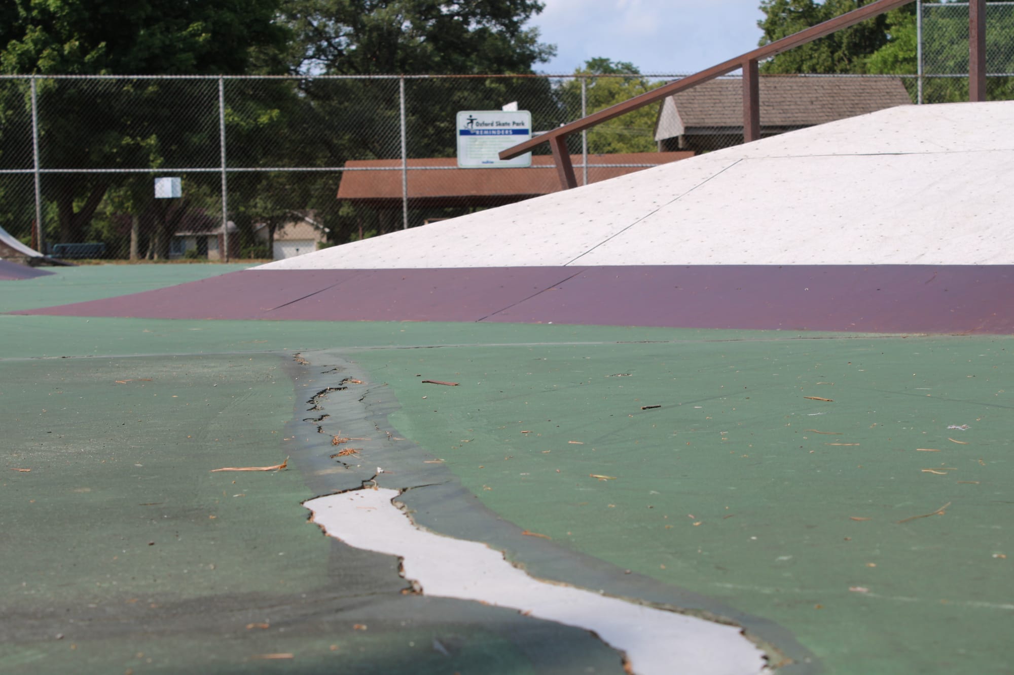 Fresh, unpainted concrete fills a crack at the Oxford skatepark