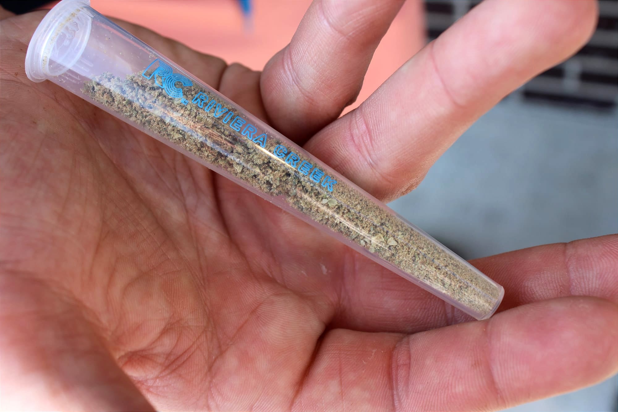 A person holds a thin clear tube with marijuana in it