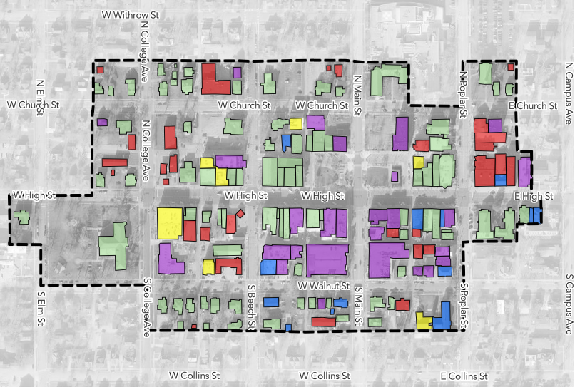 A map shows colored overlays for each building in the Uptown Historic District, which is centered on High Street, Church Street and Walnut Street