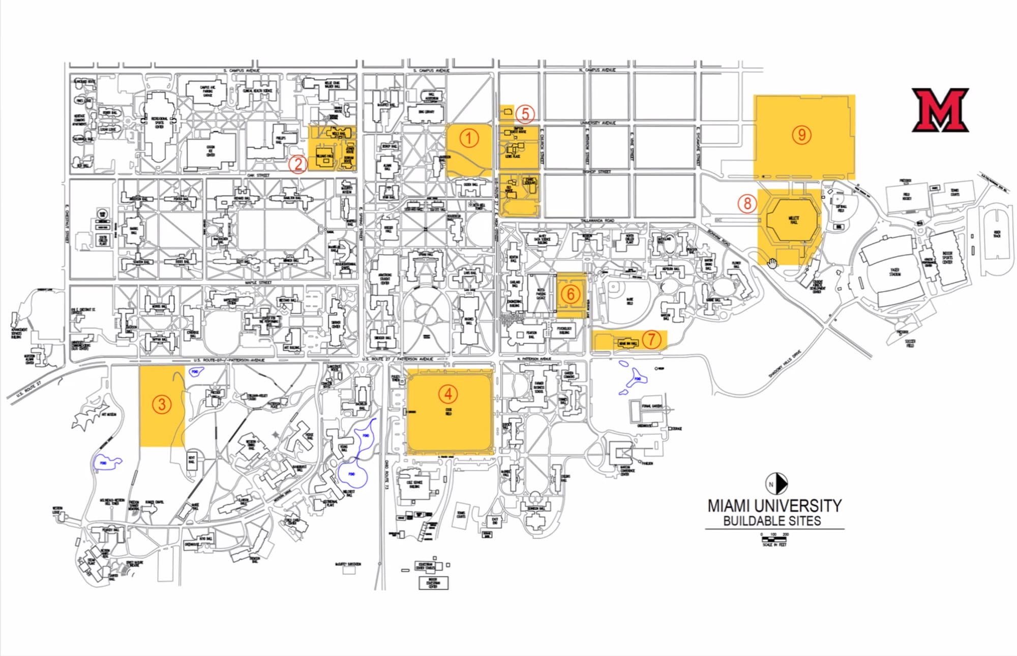 A map of Miami University with several regions including the Slant Walk Green and Cook Field highlighted in yellow