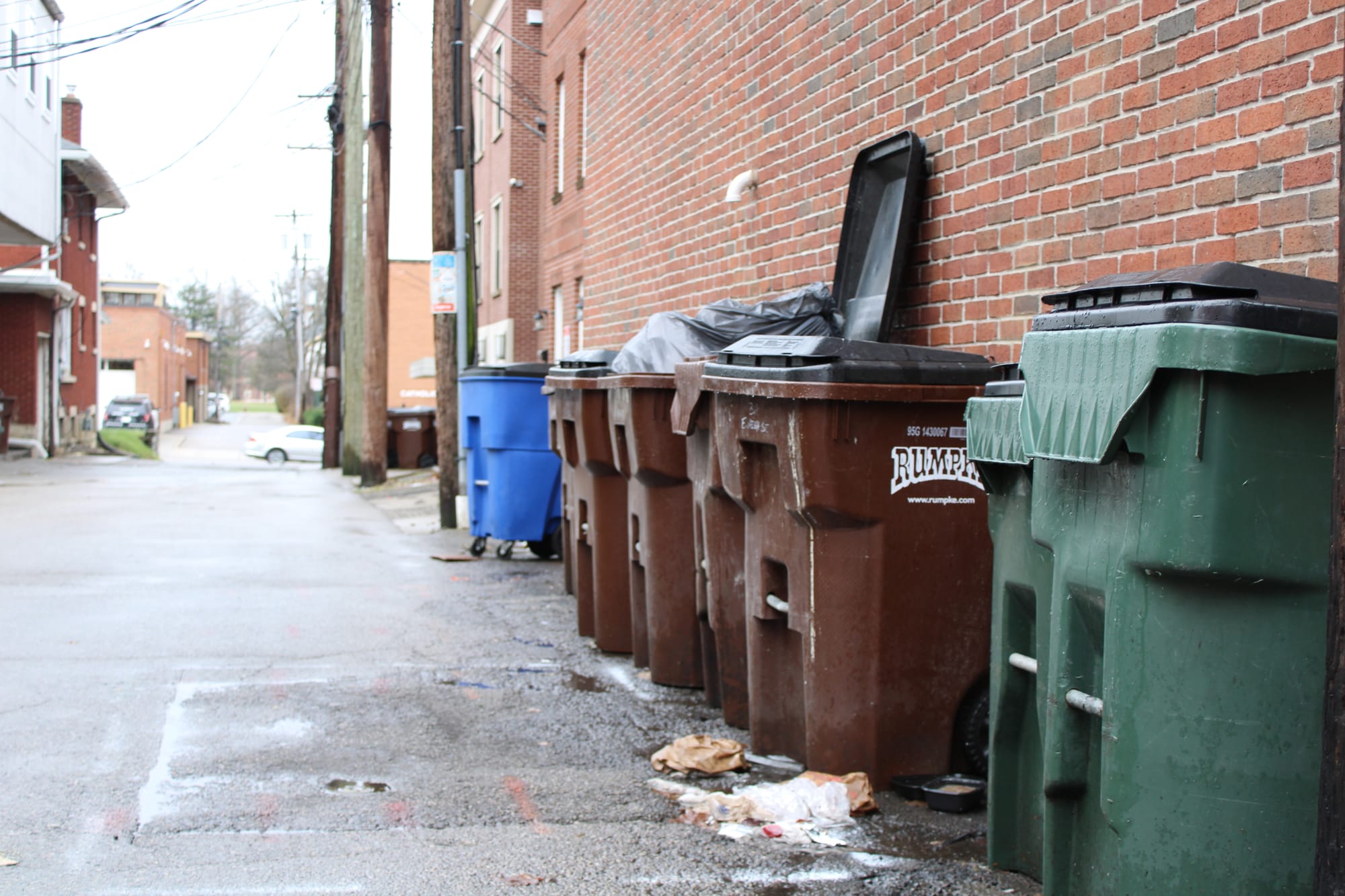 Trash cans line a wall in an Uptown alley