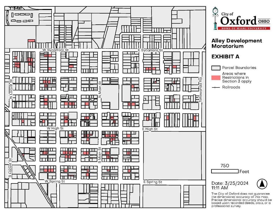 A map of parcels in the Mile Square, with alley lots highlighted in red