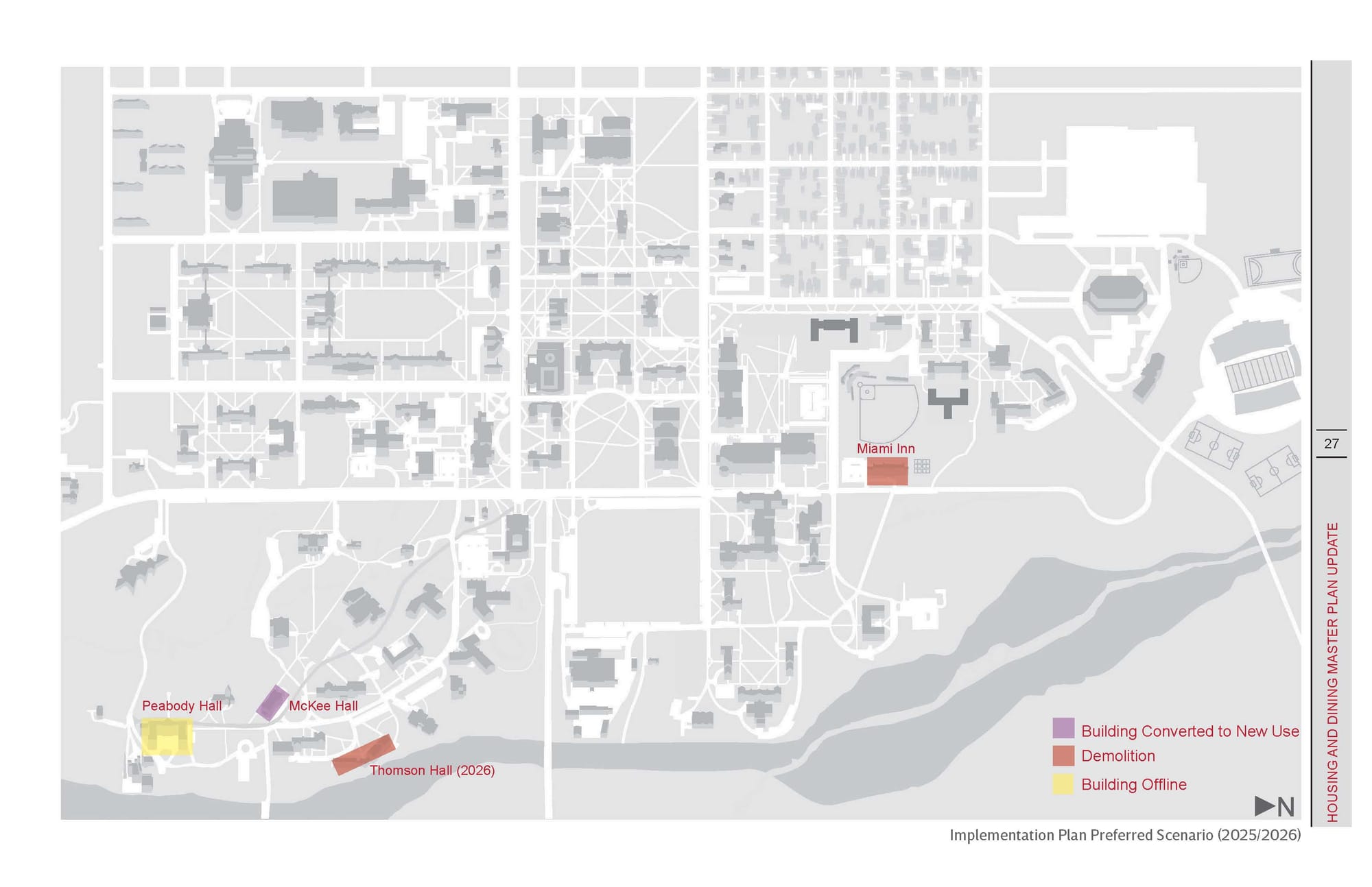 A map of Miami University with Thomson Hall and Miami Inn highlighted in red