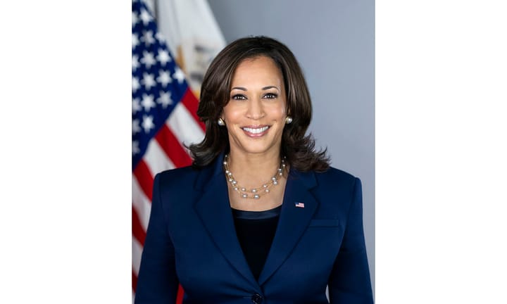 A portrait of Kamala Harris with an American flag behind her shoulder