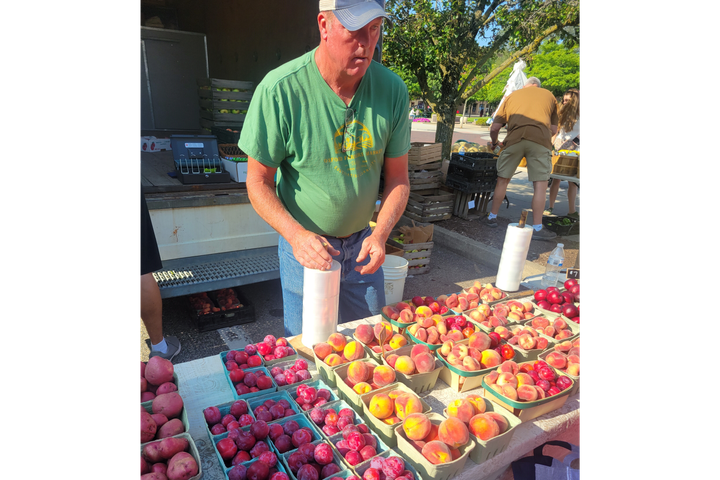 Scott Downing stands behind a table with cartons full of peaches and nectarines