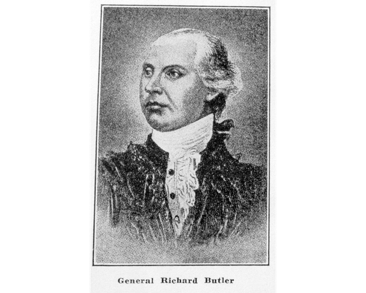 A black and white illustrated portrait labeled "General Richard Butler"