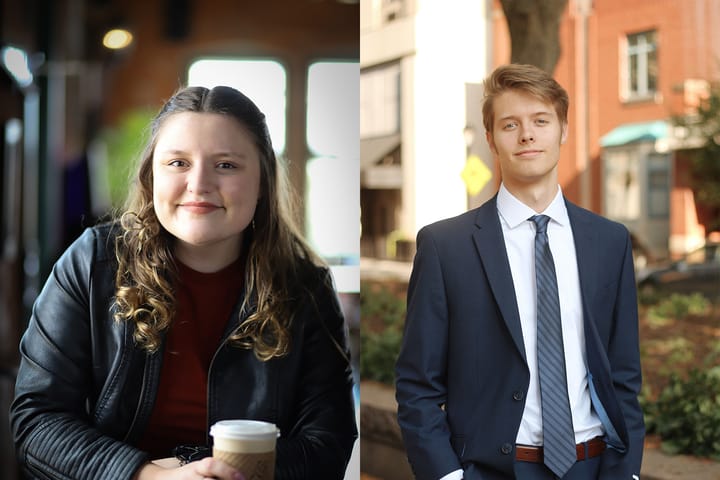 (Left) Stella Powers sits at a table with coffee. (Right) Austin Smith stands in a suit