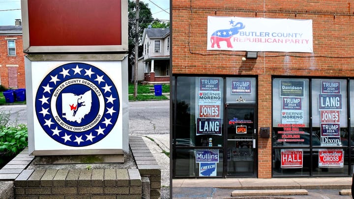 Left: red and blue Butler County Democrats sign. Right: red brick building with republican candidate signs