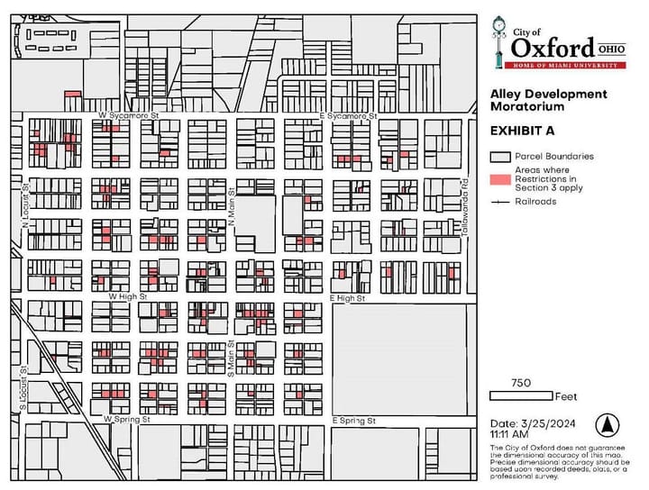 A map of Oxford's properties, with alley lots shown in red