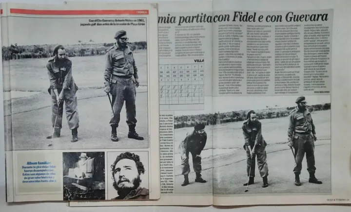 Photo of a newspaper with black and white pictures of Fidel Castro playing golf