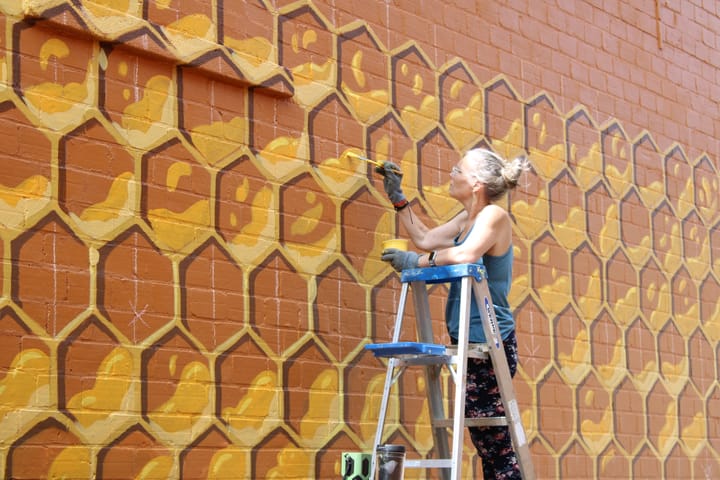 Elise Megremis stands on a ladder in front of a wall painted as a honeycomb