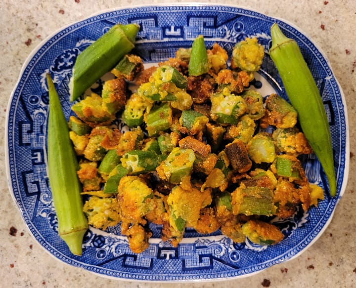 A plate of fried okra seen from above