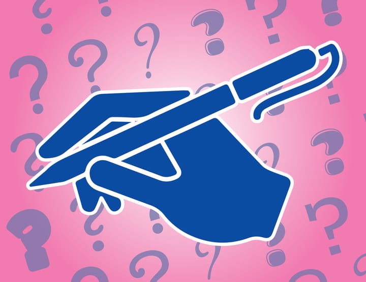 A graphic of a blue hand with a pen with a pink background full of question marks