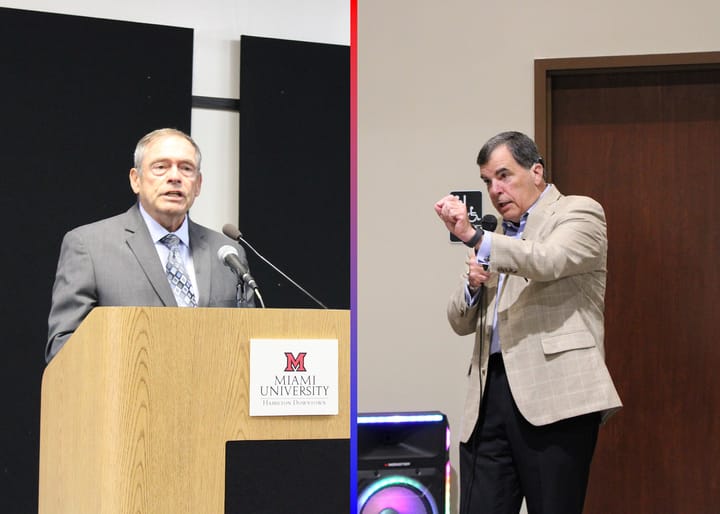 (Left) Tom Cooke behind a podium; (Right) George Lang speaking with a microphone