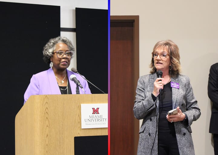 (Left) Vanessa Cummings stands behind a podium; (Right) Diane Mullins speaks with a microphone