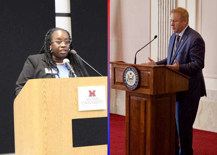 Left: Vanessa Enoch stands behind a Miami University podium; Right: Warren Davidson stands behind a U.S. Senate podium