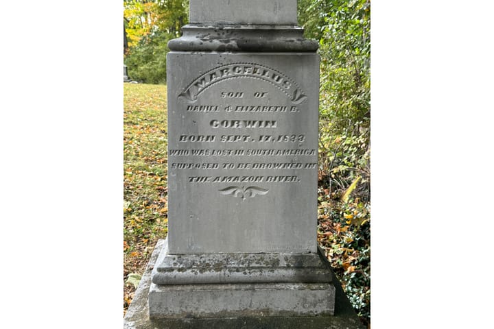 A gravestone for Marcellus Corwin reads that he was "supposed to be drowned in the Amazon River"