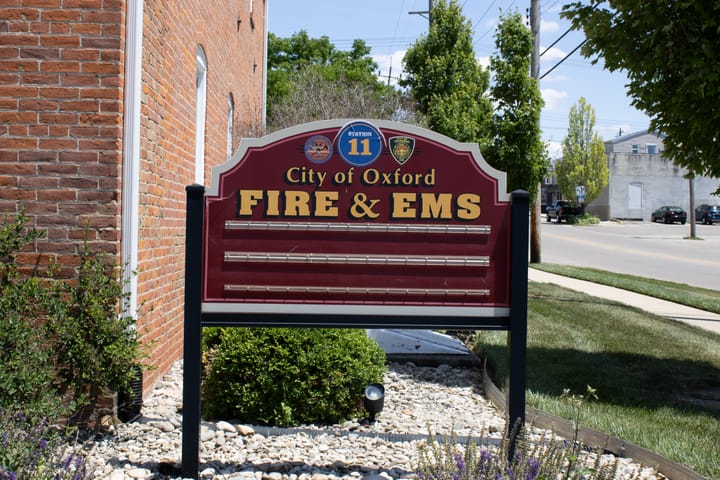 A sign that reads "City of Oxford Fire and EMS"