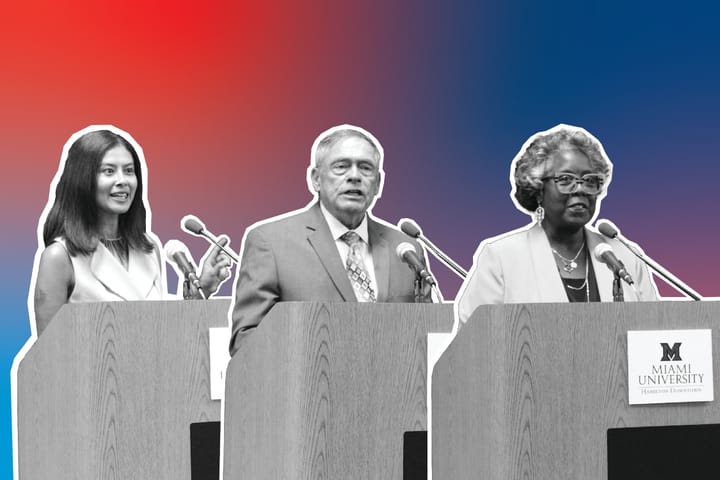 Black and white photos of Chantel Raghu, Tom Cooke and Vanessa Cummings in front of a blue and red background