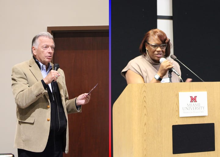 Left: T.C. Rogers speaks while holding a microphone; Right: Tamara Small speaks behind a podium