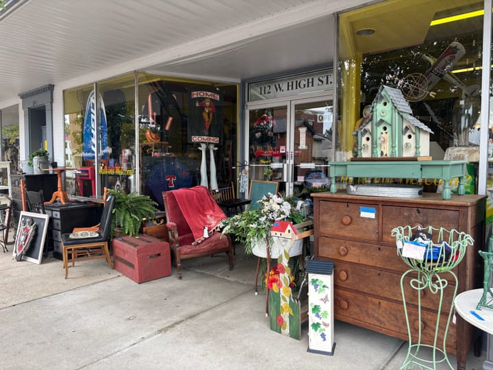 A view of the front entrance to The Bird House Antiques from the sidewalk