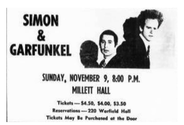 A newspaper advertisement for a Simon & Garfunkel performance at Millett Hall