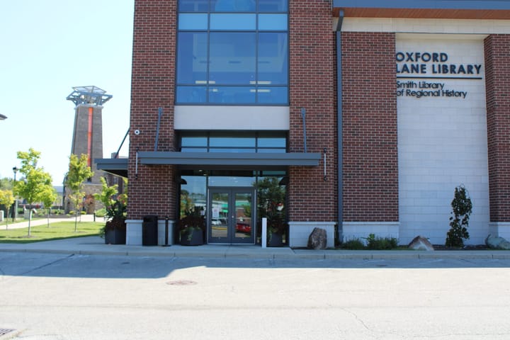 The Oxford Lane Library entrance on a sunny day