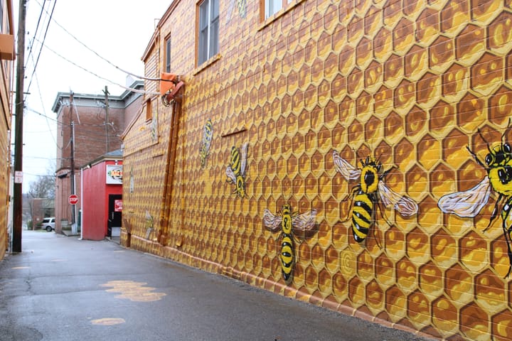 A bright yellow and orange beehive mural covers the wall of one Uptown alley