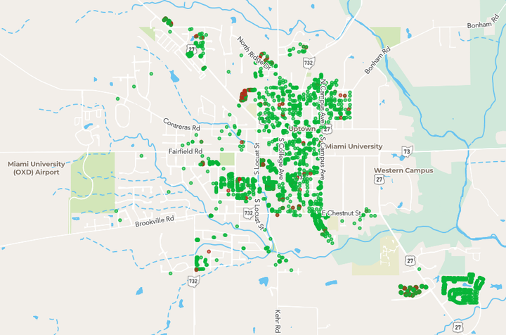 A map of Oxford with red and green dots representing rental inspections