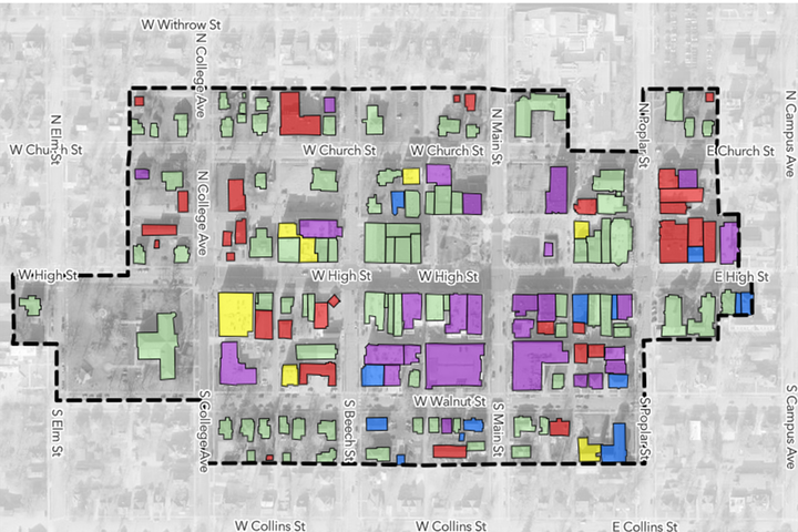 A map of Uptown Oxford with buildings highlighted to show historic value