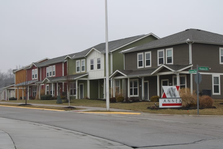 Colorful townhomes at The Annex, a student housing complex