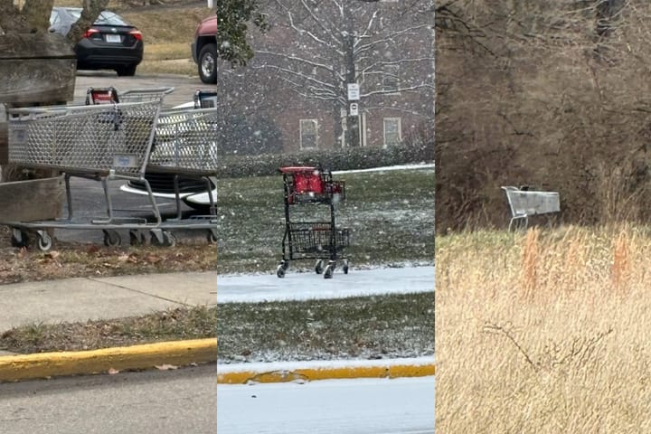 Three images of abandoned shopping carts on sidewalks and in a field