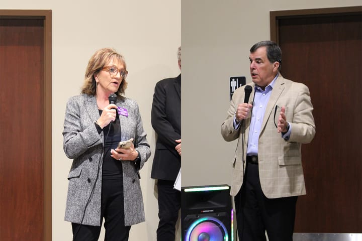 Photos of Diane Mullins and George Lang speaking into microphones