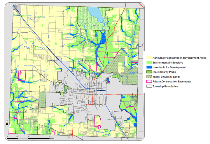 A map of Oxford Township showing most land in yellow for agriculture/conservation development